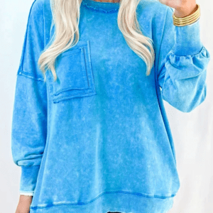 Blue Mineral Wash Raw Seam Double Patched Pocket Pullover Sweatshirt