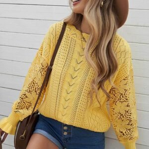 Yellow Crochet Lace Pointelle Knit Sweater