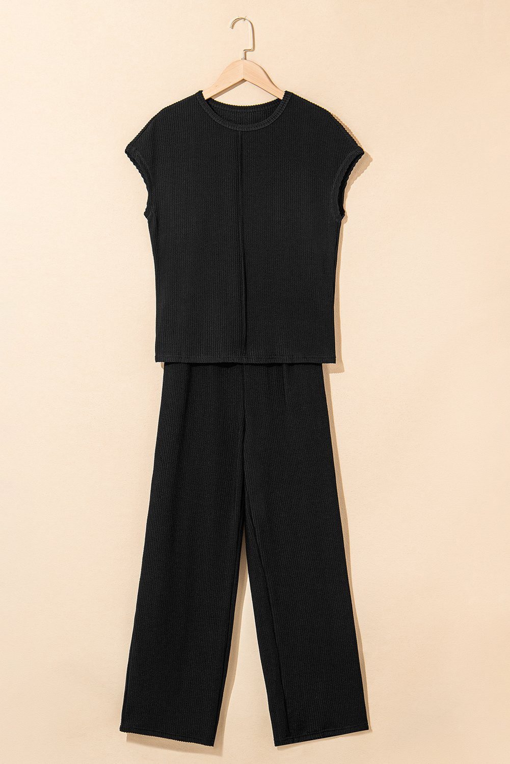 Black Solid Color Corded Short Sleeve Top And Casual Pants Set