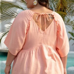 Apricot Pink Plus Size Textured Wide Short Sleeve Babydoll Blouse