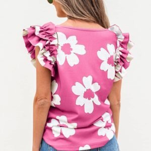 Pink Floral Textured Ruffled Short Sleeve Square Neck Blouse