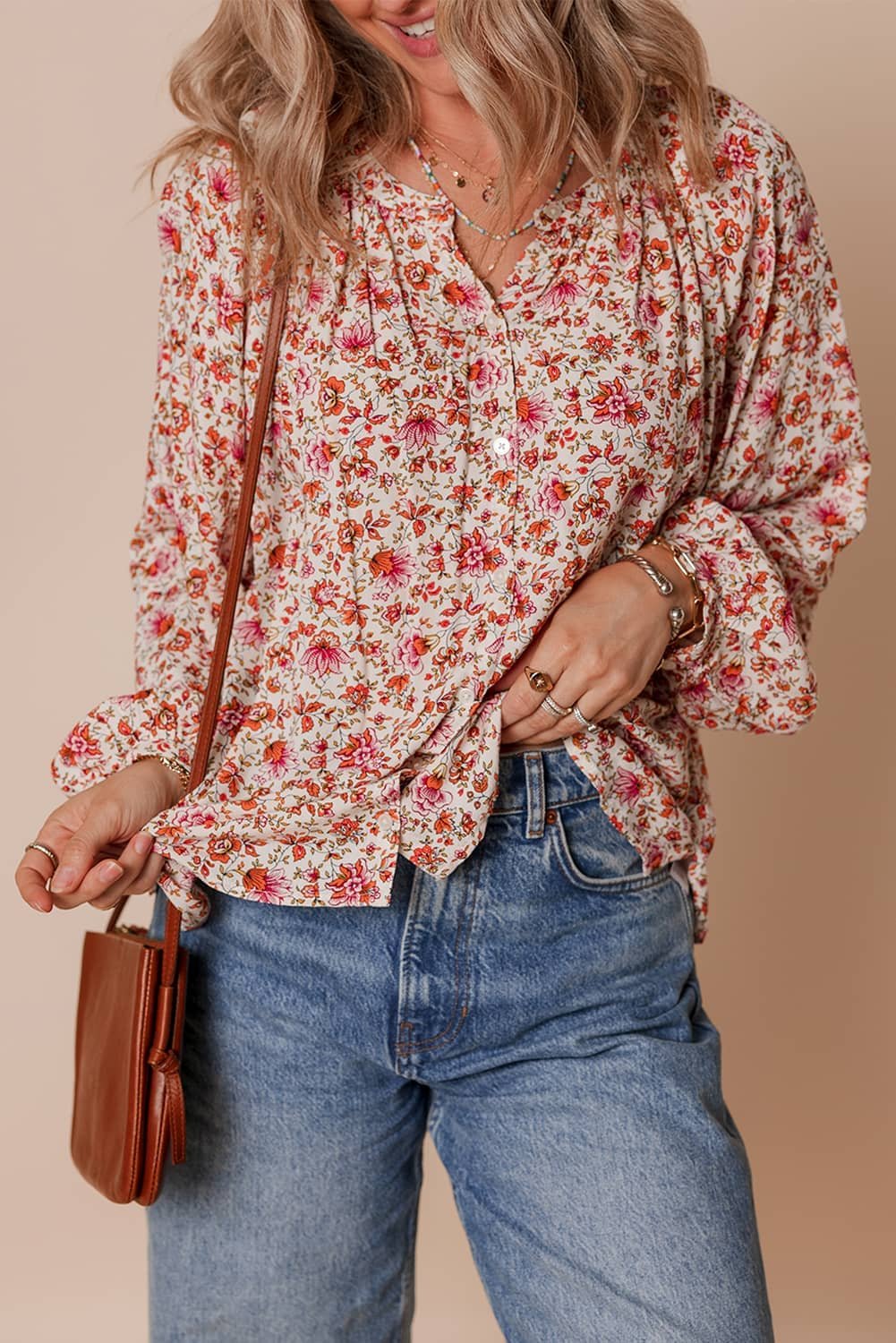 Red Floral Print Pleated Detail Notched Neck Puff Sleeve Blouse