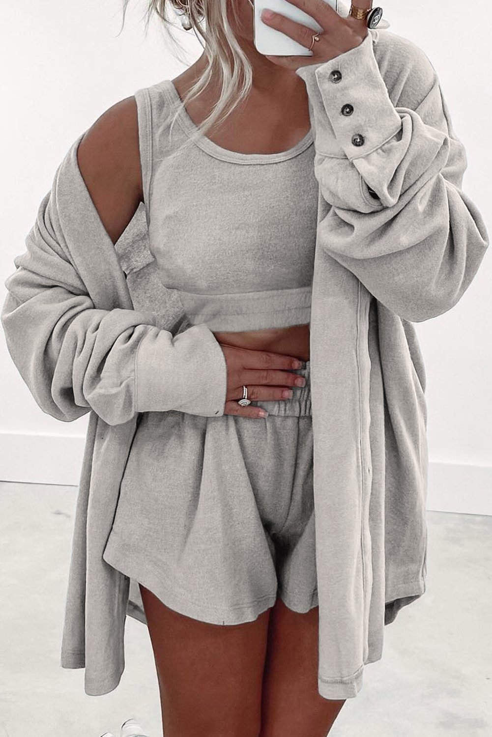 Gray 3 Pcs Crop Tank Top Shorts With Cardigan Lounge Set