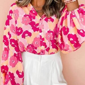 Pink Blooming Floral Print Puff Sleeve Buttoned Shirt