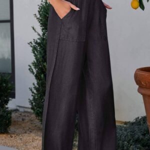 Black Side Pockets Frilled Smocked High Waist Wide Leg Jeans