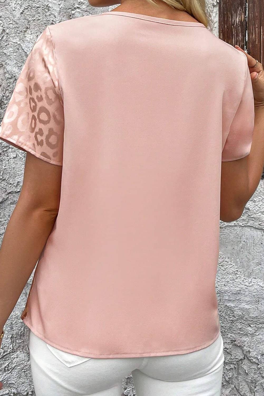 Apricot Pink Leopard Jacquard Patchwork Crisscross V Neck Short Sleeve Blouse