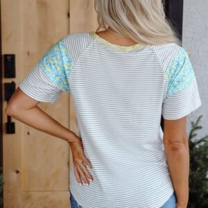 White Stripe Floral Insert Sleeves Contrast Round Neck Tee