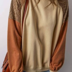 Khaki Lace Patchwork Colorblock Drop Shoulder Sweatshirt
