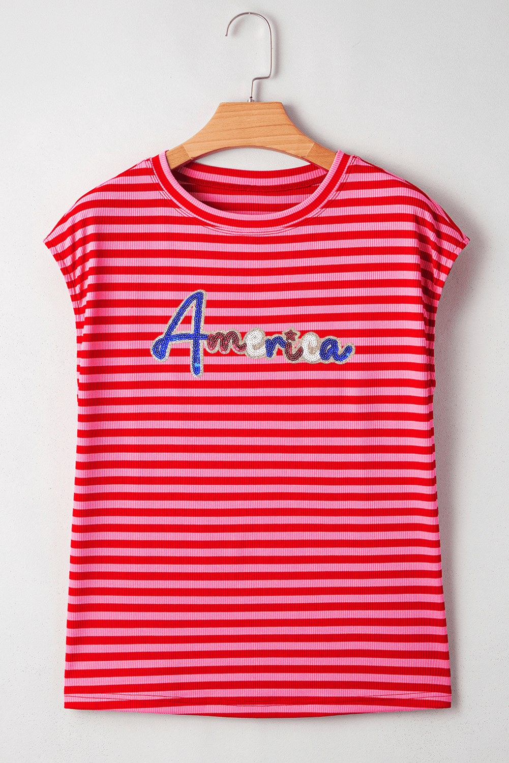 Red Stripe Sequin America Letter Patched Cap Sleeve Top