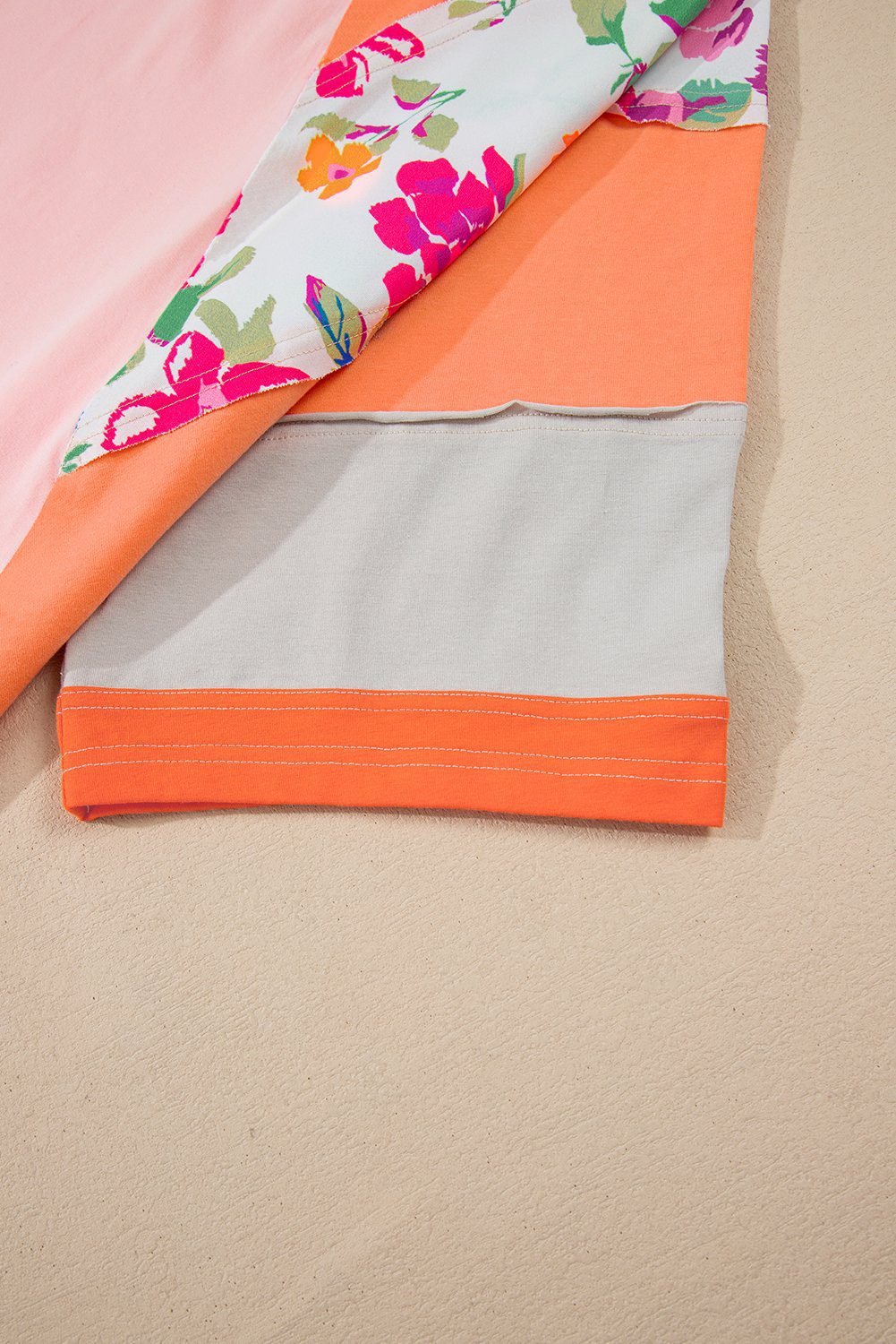 Orange Plus Size Floral Print Patchwork Raglan Half Sleeve Top