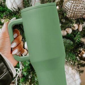 Dark Green Frosted Stainless Handle Large Vacuum Cup With Straw 40Oz