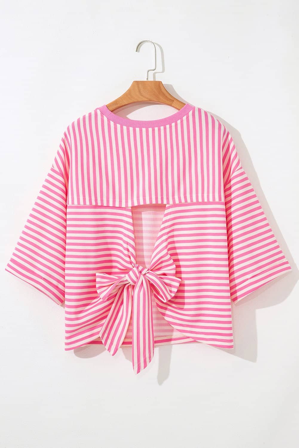 Pink Stripe Bowknot Cutout Back Drop Shoulder Wide Bracelet Sleeve Loose Tee