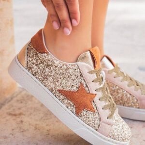 Gold Star Patchwork Sequined Lace-Up Sneakers