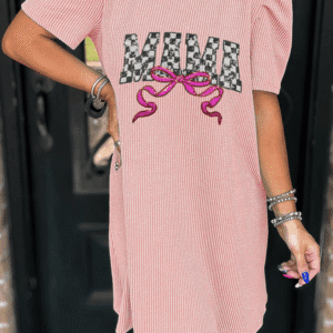 Blossom Mama Bow Patched Graphic Puff Sleeve Corded Mini Dress