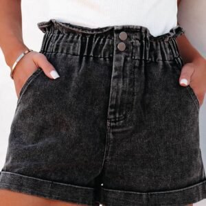 Black Vintage Washed Frilled High Waist Denim Shorts