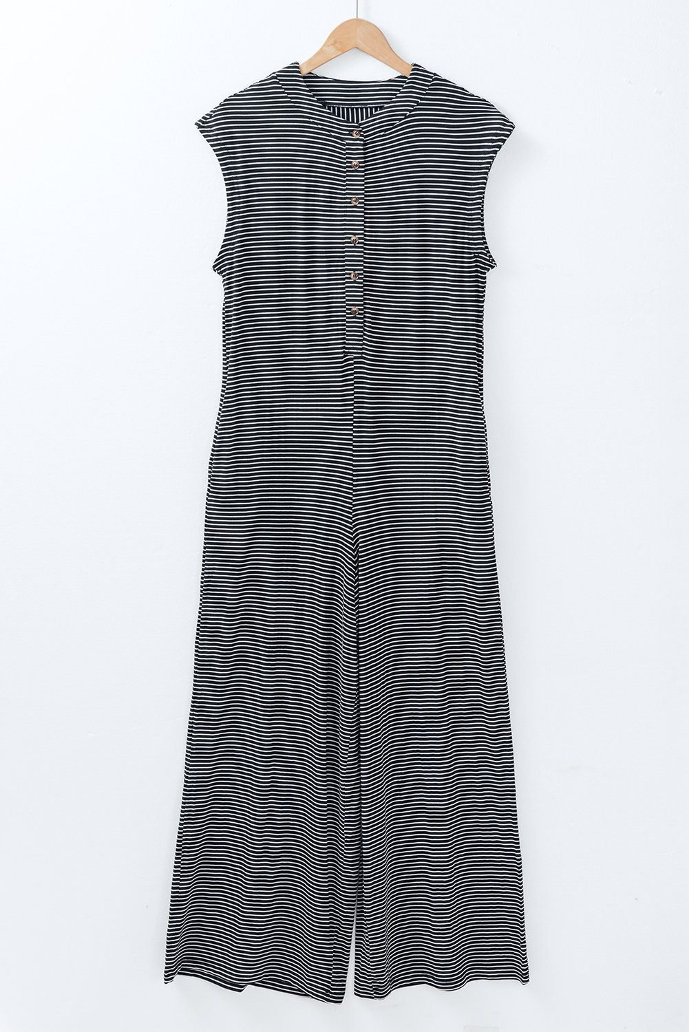 Black White Striped Print Buttoned Wide Leg Sleeveless Jumpsuit