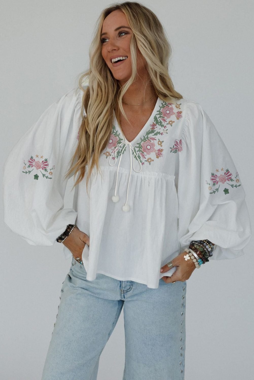 White Flower Lace-Up V Neck Babydoll Blouse