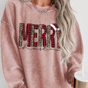 Pink Merry Christmas Plaid Leopard Print Corded Sweatshirt
