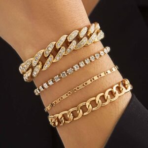 Gold 4Pcs Rhinestone Decor Adjustable Chain Bracelet Set