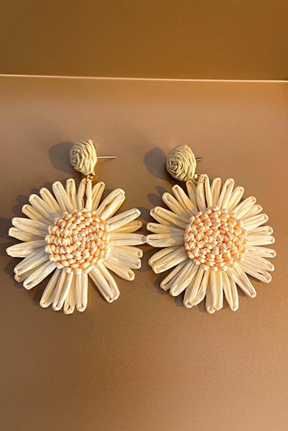 White Boho Raffia Crochet Sunflower Dangle Earrings