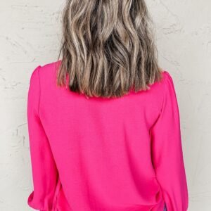 Rose Red Solid Color Shirred Cuff Notch V Neck Blouse