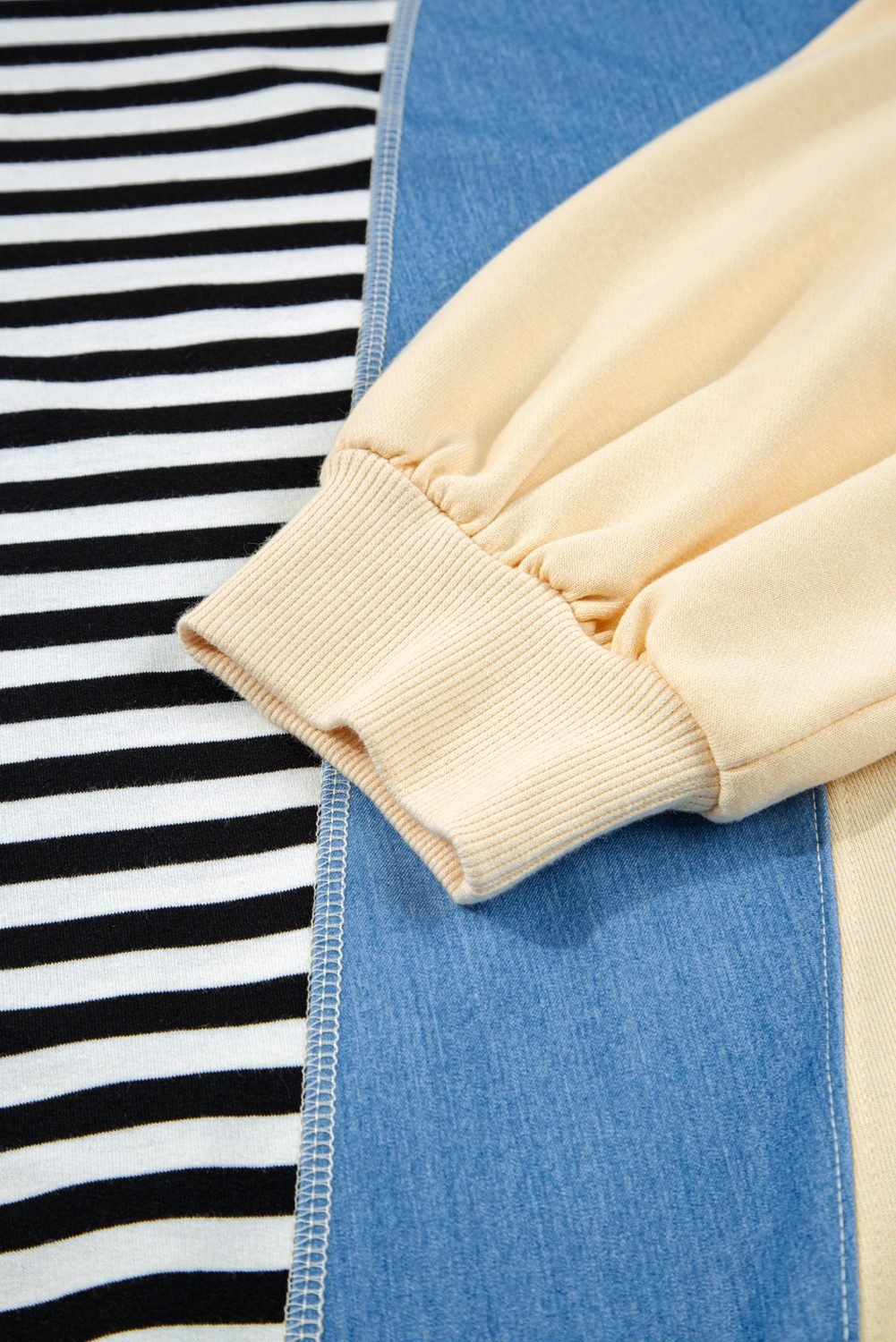 Black Stripe Denim Color Block Quarter Zip Baggy Drawstring Hoodie