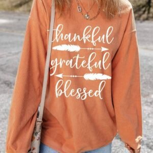 Orange Thankful Grateful Blessed Arrow Graphic Corded Sweatshirt