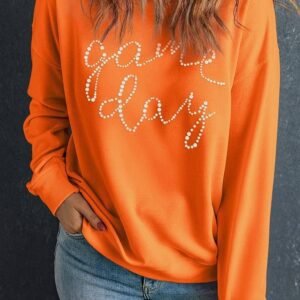 Orange Rhinestone Game Day Pattern Drop Shoulder Sweatshirt