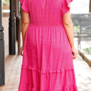 Rose Polka Dot Print Ruffled Smocked High Waist Plus Midi Dress