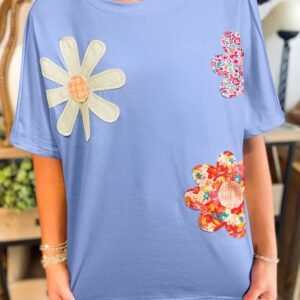 Sky Blue Flower Patched Exposed Stitching Trim Crew Neck Loose Tee