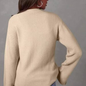 Parchment Solid Textured Knit Split Cuff Drop Shoulder Loose Sweater
