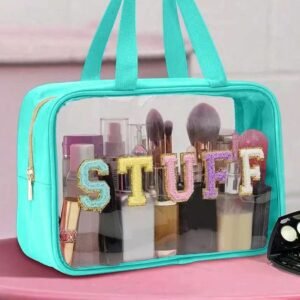 Light Blue Stuff Glitter Chenille Patched Transparent Makeup Bag