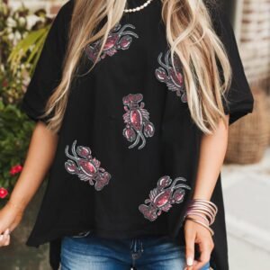 Black Sequin Crawfish Graphic High Low Loose T Shirt
