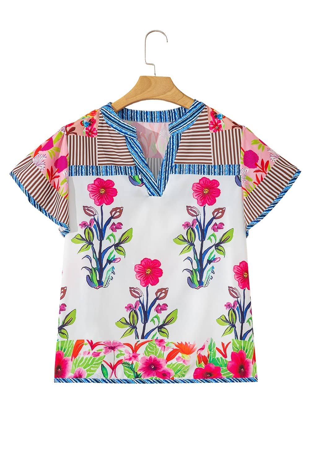 Pink Floral Striped Patchwork Short Sleeve Split Neck Blouse
