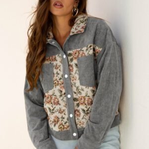 Medium Grey Ribbed Retro Floral Patchwork Shirt Style Jacket