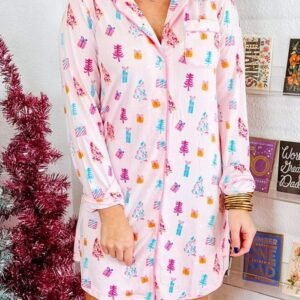 Pink Christmas Twinkle Tree Print Shirt Sleep Dress