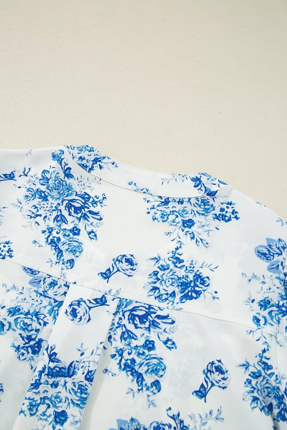 Sky Blue Floral Tiered Puff Short Sleeve Pleated Bust Buttoned Casual Shirt