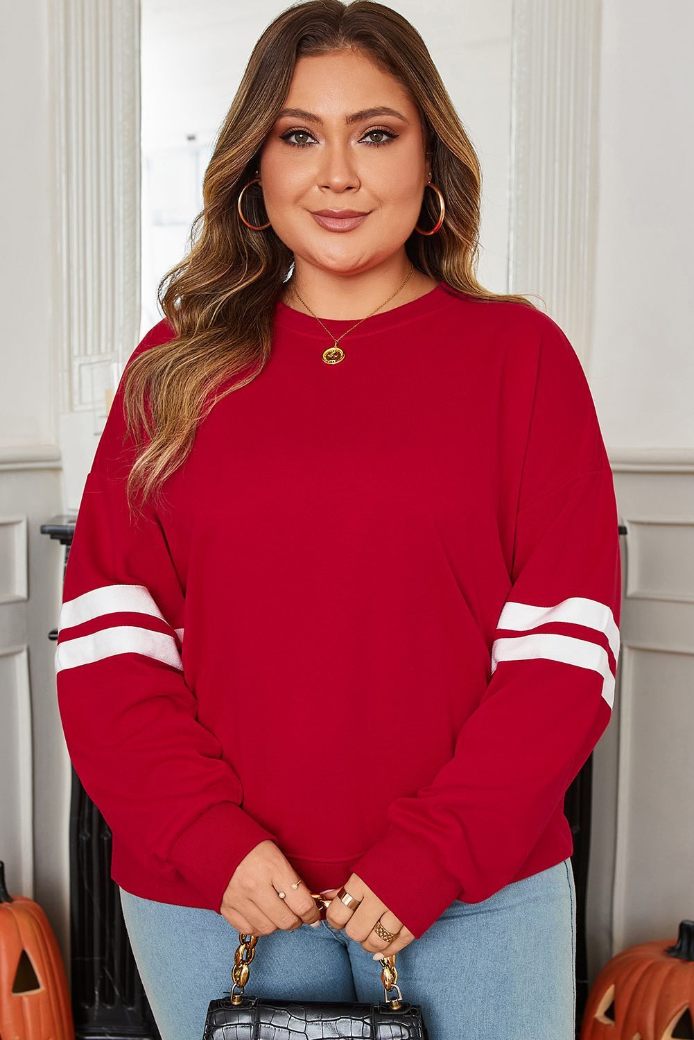 Fiery Red Varsity Striped Detail Crew Neck Plus Sweatshirt