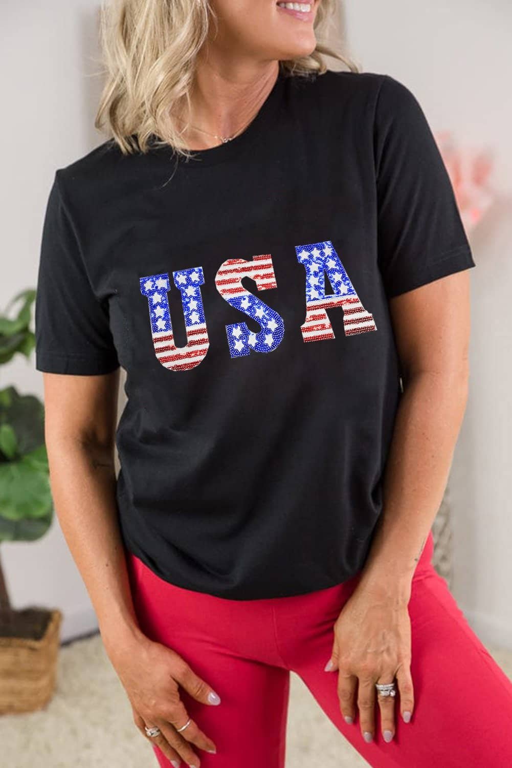 Black Usa Stars And Stripes Crew Neck Graphic Tee