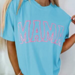 Light Blue Mama Letter Graphic Neon T Shirt
