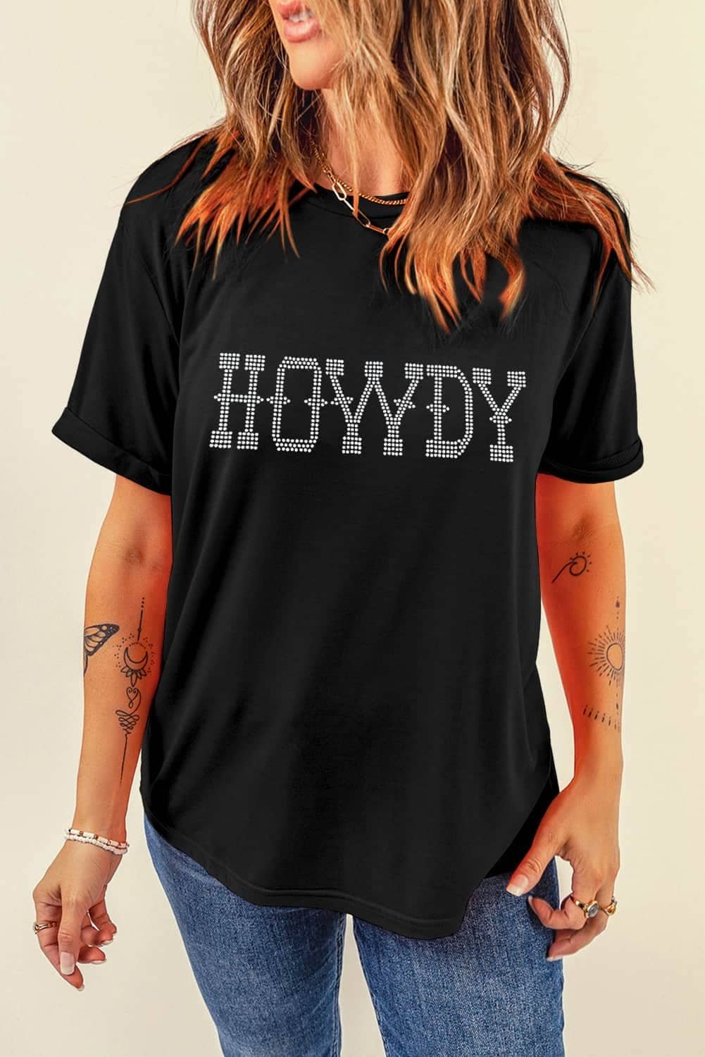 Black Howdy Rhinestone Slim Fit Crew Neck T Shirt