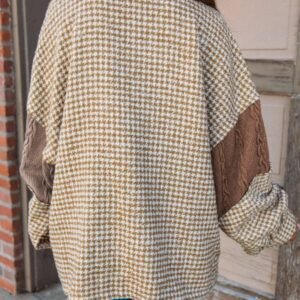 Khaki Houndstooth Color Contrast Textured Patchwork Loose Shacket