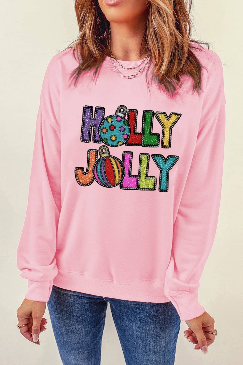 Pink Holly Jolly Christmas Festive Letter Graphic Sweatshirt