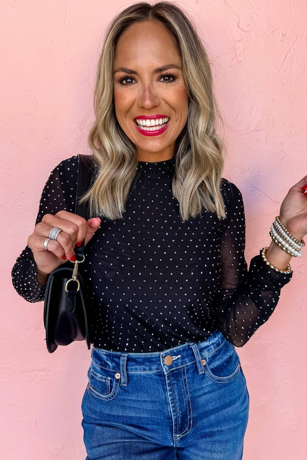 Black Rhinestone Embellished Mesh Long Sleeve Top