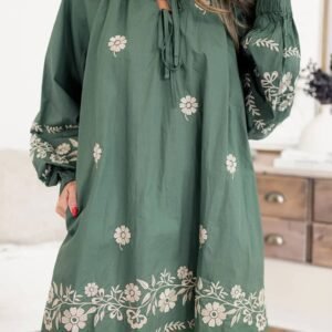Mist Green Tie Neck Boho Floral Pattern Puff Sleeve Shift Dress