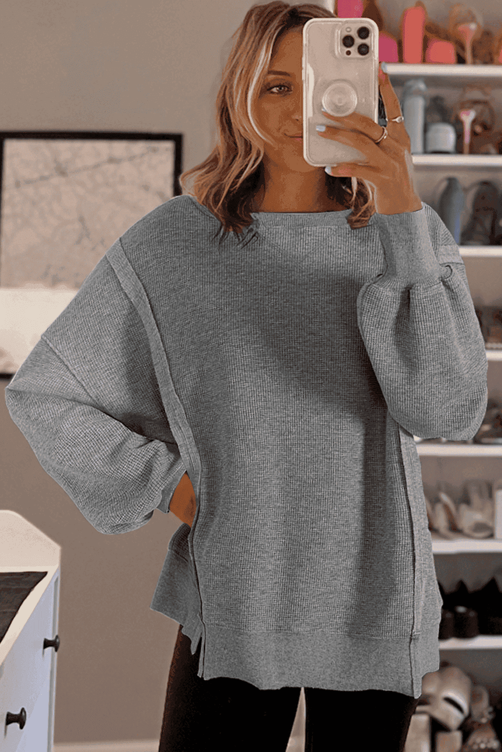 Gray Waffle Knit Bishop Sleeve Split Oversized Top