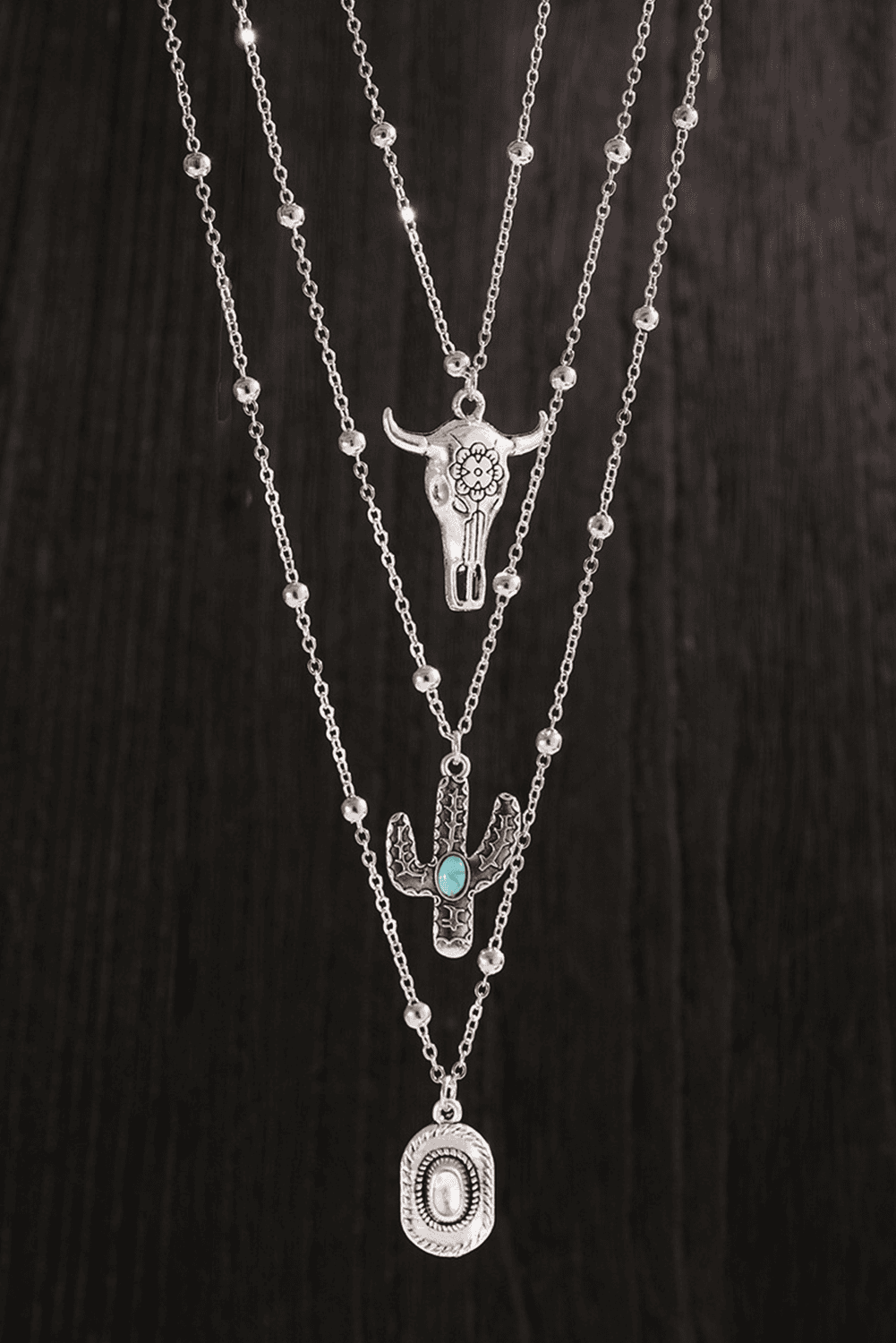Silvery Western Steer Cactus Pendant Adjustable Multi Layer Necklace