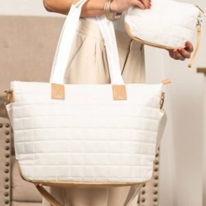White Quilted Patchwork Large Tote Bag And Clutch 2Pcs Set