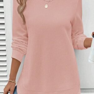 Gossamer Pink Rounded Hem Waffle Long Sleeve Top