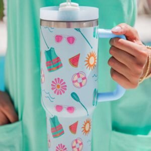 Light Blue Beach Day Fun Pattern Cup With Handle 40Oz